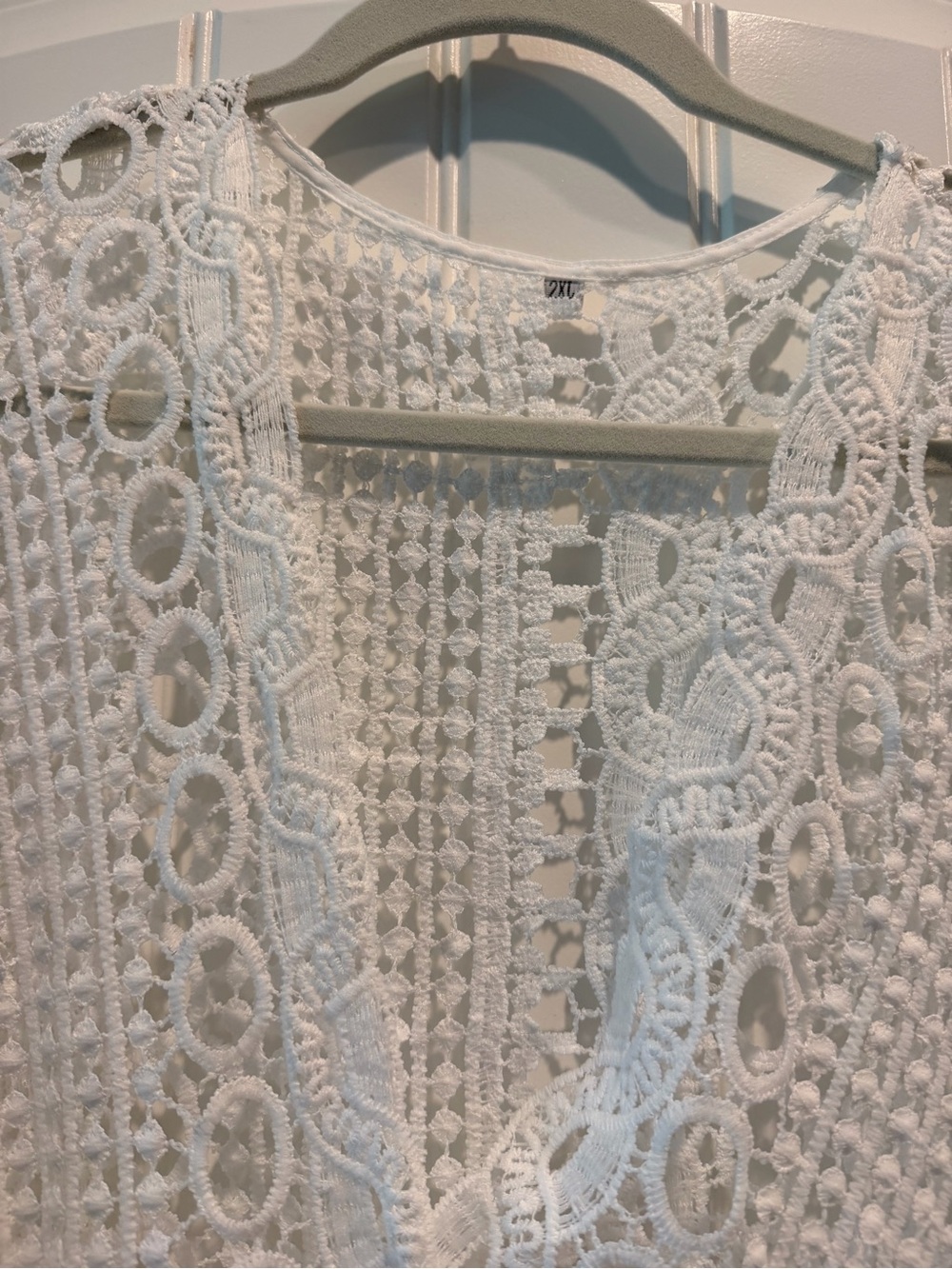 Boho Lace Maxi Dress with Crochet Yoke and Fringe Sleeves - White - Picture 2 of 6
